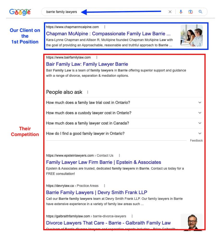 Google result showing Chapman McAlpine first for Barrie family lawyers