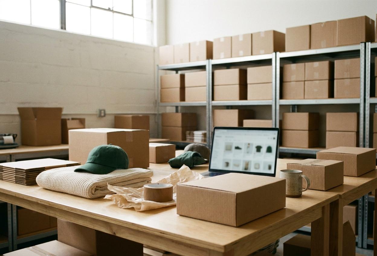 An online store packing table with shipping boxes, a cap, a knit throw and a laptop showing a product grid, with stocked shelves behind