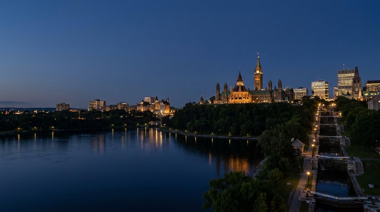 Parliament Hill and the Peace Tower above the Ottawa River at blue hour