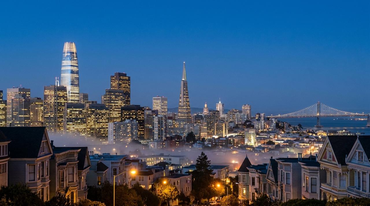 Downtown San Francisco at blue hour, with Salesforce Tower and the Transamerica Pyramid lit, fog in the valleys and the Bay Bridge across the bay