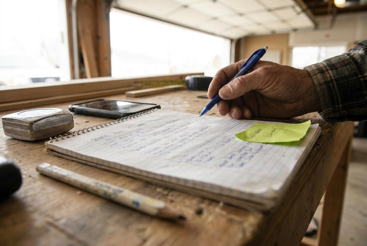 A contractor writing a list in a notepad on his workbench, tape measure and phone beside it