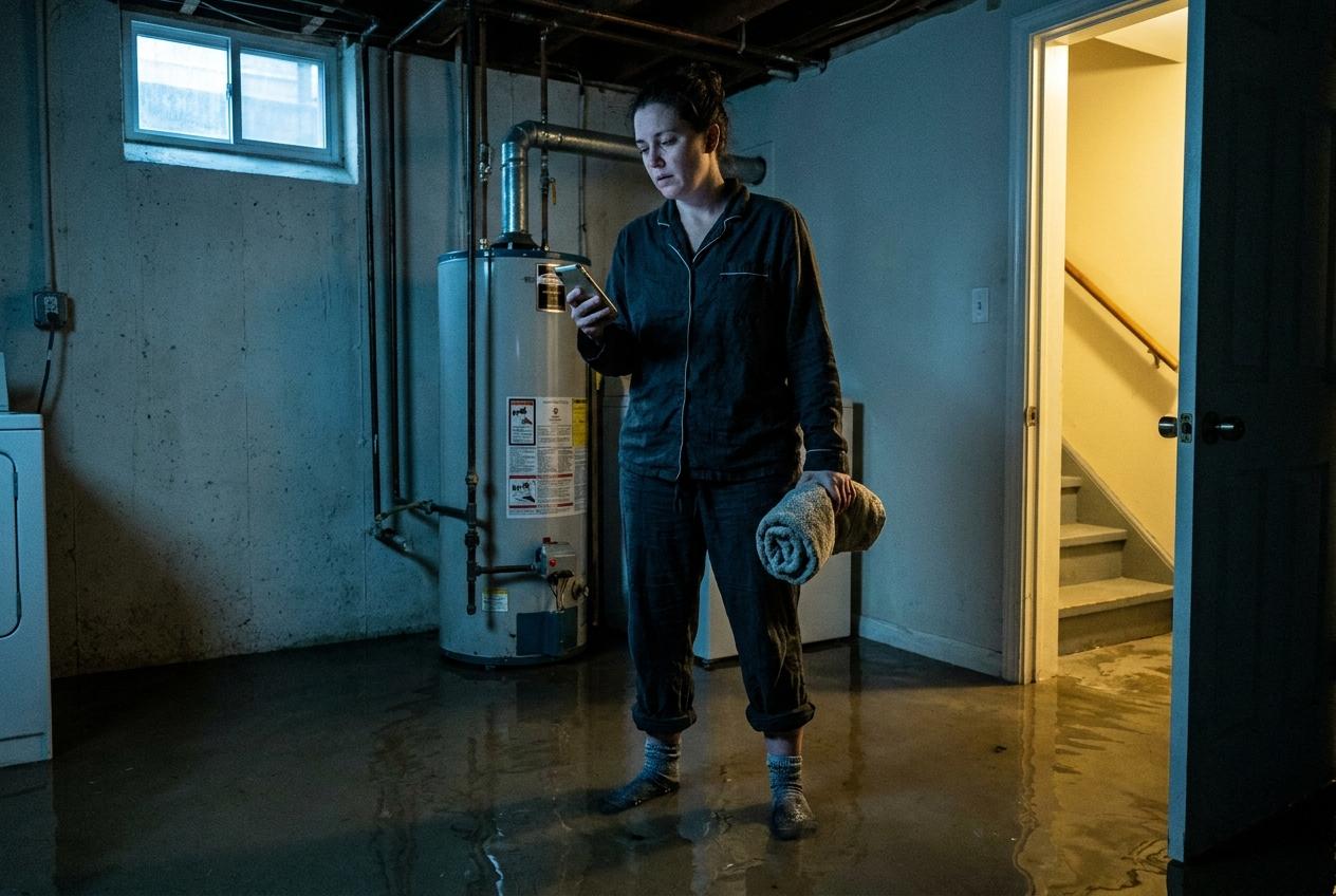 A homeowner in pyjamas standing in a flooded basement at night, looking at her phone