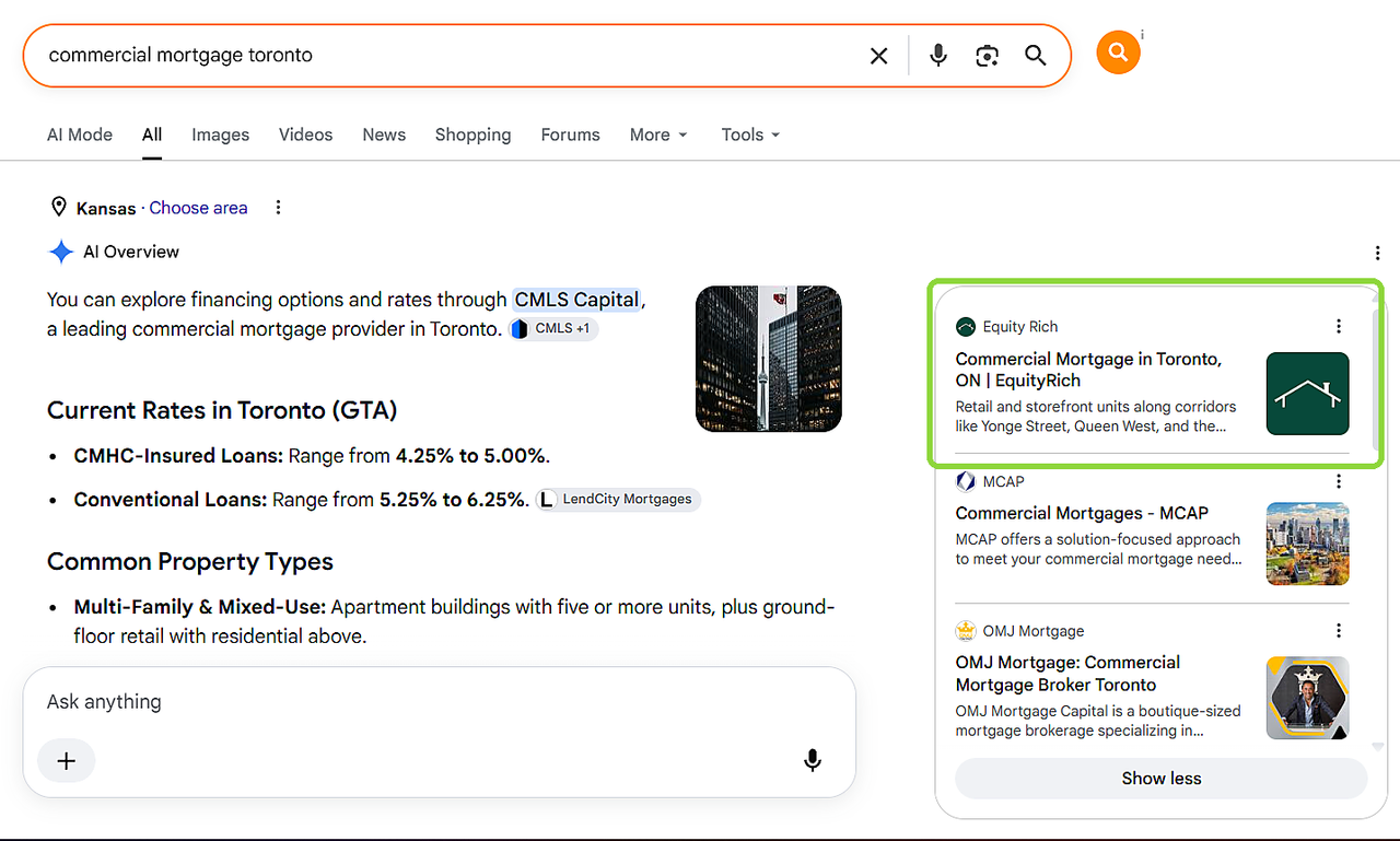 AI Overview for commercial mortgage Toronto showing EquityRich in a source card but not in the visible answer text