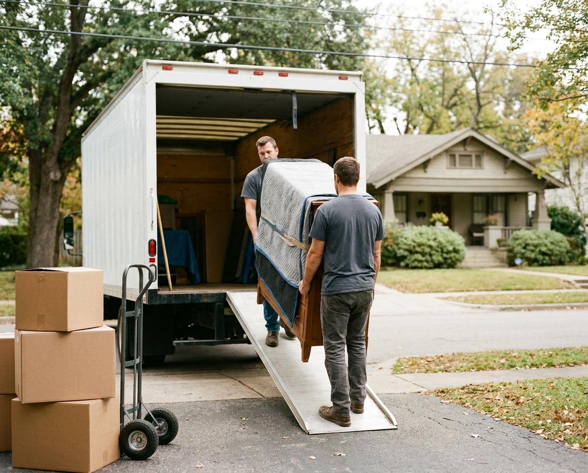 Two movers carrying a blanket wrapped dresser up the ramp into a white moving truck on a leafy street, boxes and a hand truck on the driveway