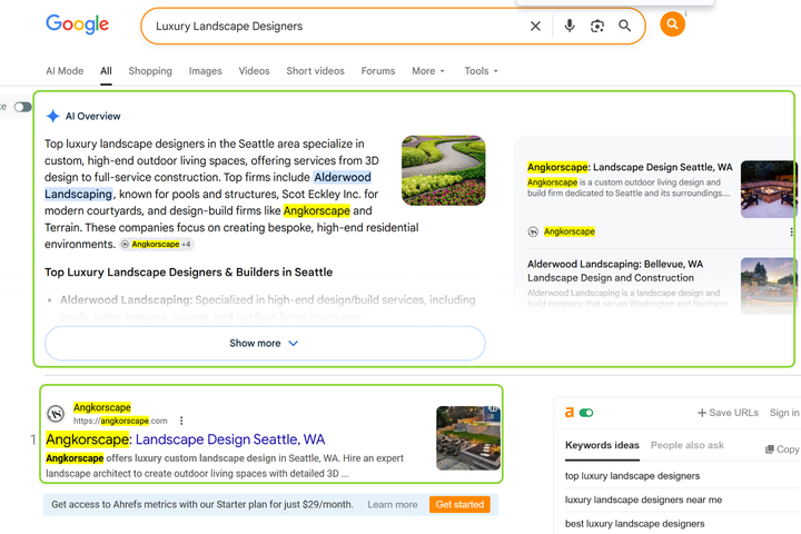 Google AI Overview for luxury landscape designers naming Angkorscape, with Angkorscape ranked first in the results below
