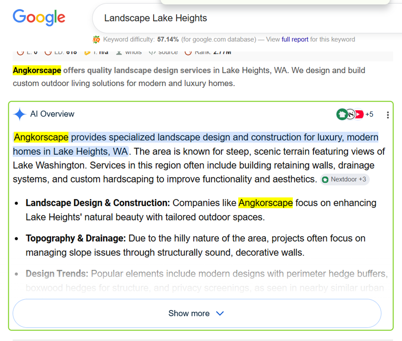 Google AI Overview for Landscape Lake Heights that opens with the Angkorscape name