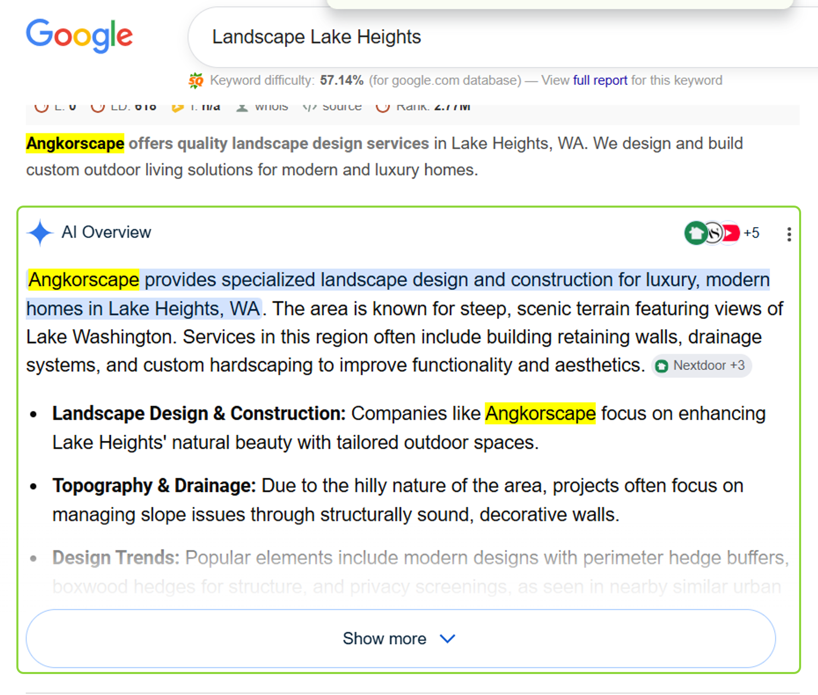 Google AI Overview for Landscape Lake Heights that opens with the Angkorscape name