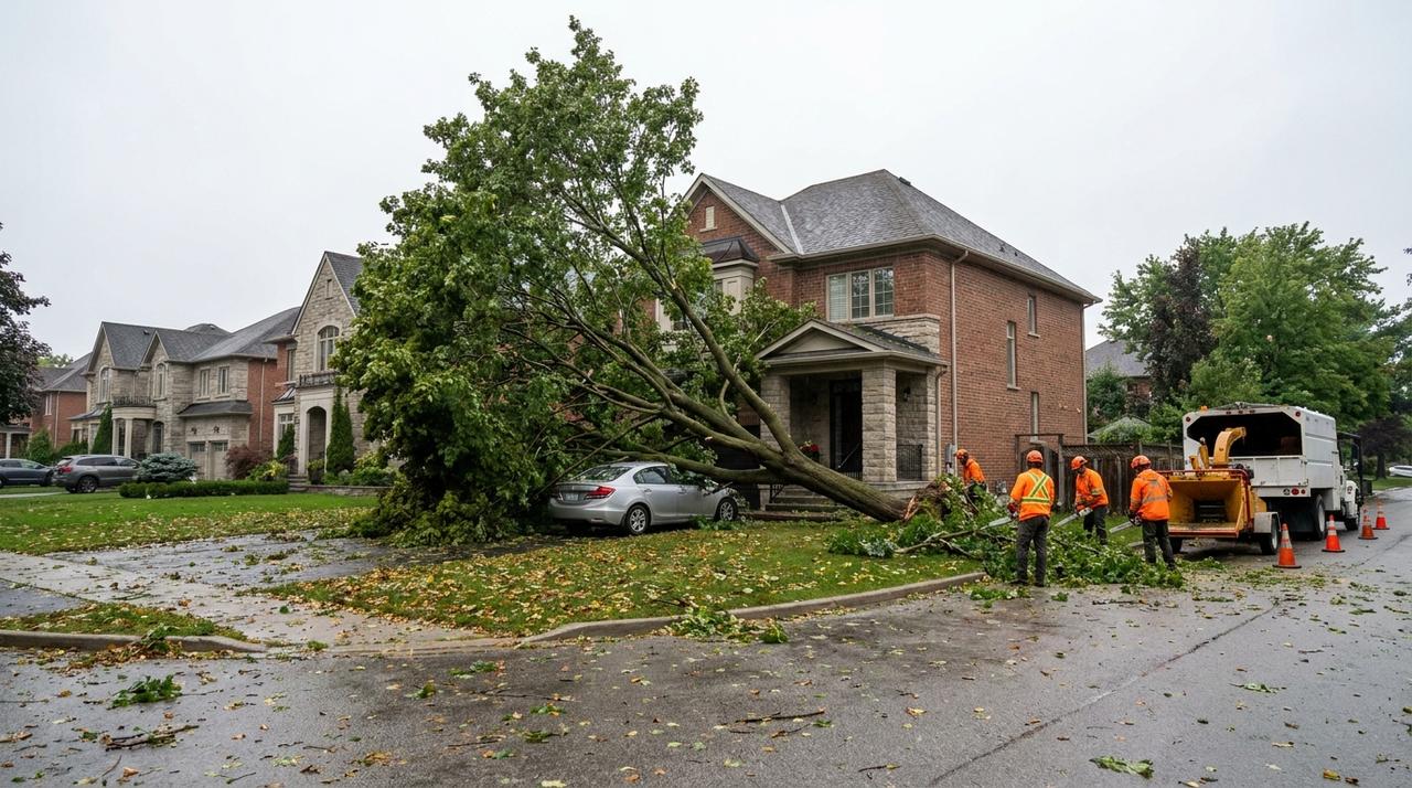 An arborist crew cutting up a mature maple that fell onto a car and a brick home on a leafy Oakville street after a summer windstorm