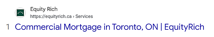 Google result: EquityRich first for commercial mortgage Toronto