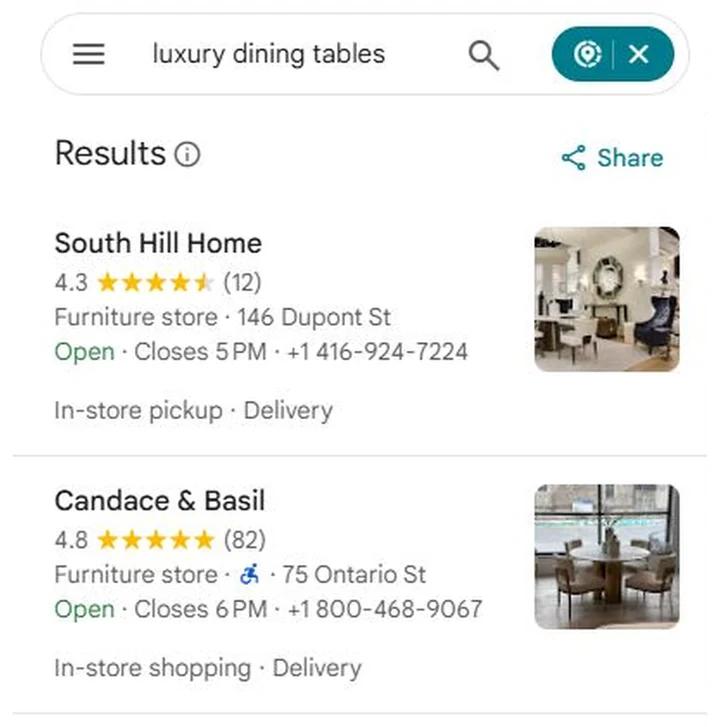 Google Maps results for luxury dining tables with Candace & Basil at position 2