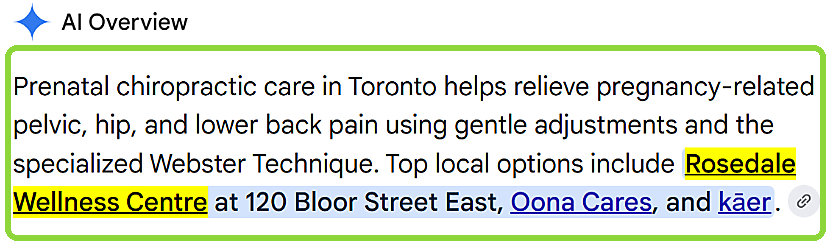 Google AI Overview naming Rosedale Wellness Centre among top local options for prenatal chiropractic care in Toronto