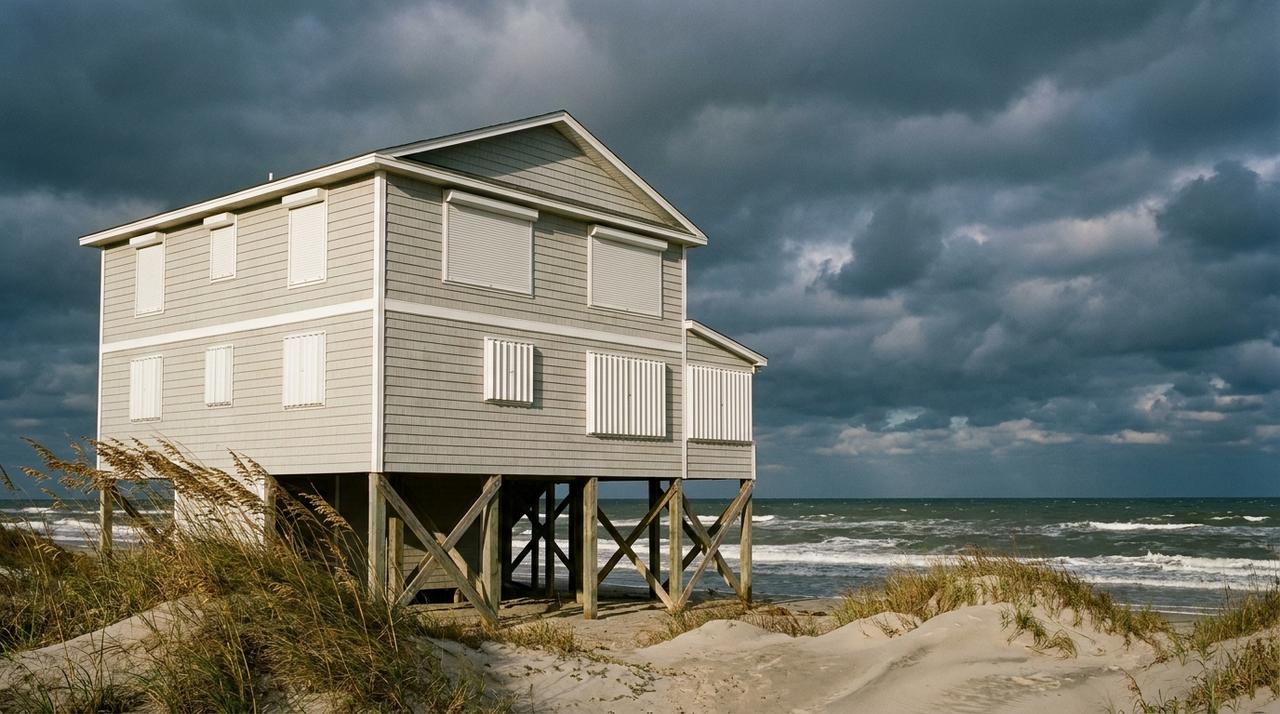 A raised beach house on the North Carolina coast with its storm shutters closed as a storm rolls in over the Atlantic
