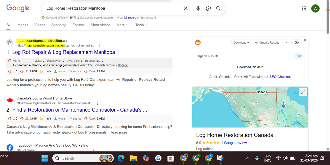 Google result showing Maurice and Sons Construction first for Log Home Restoration Manitoba