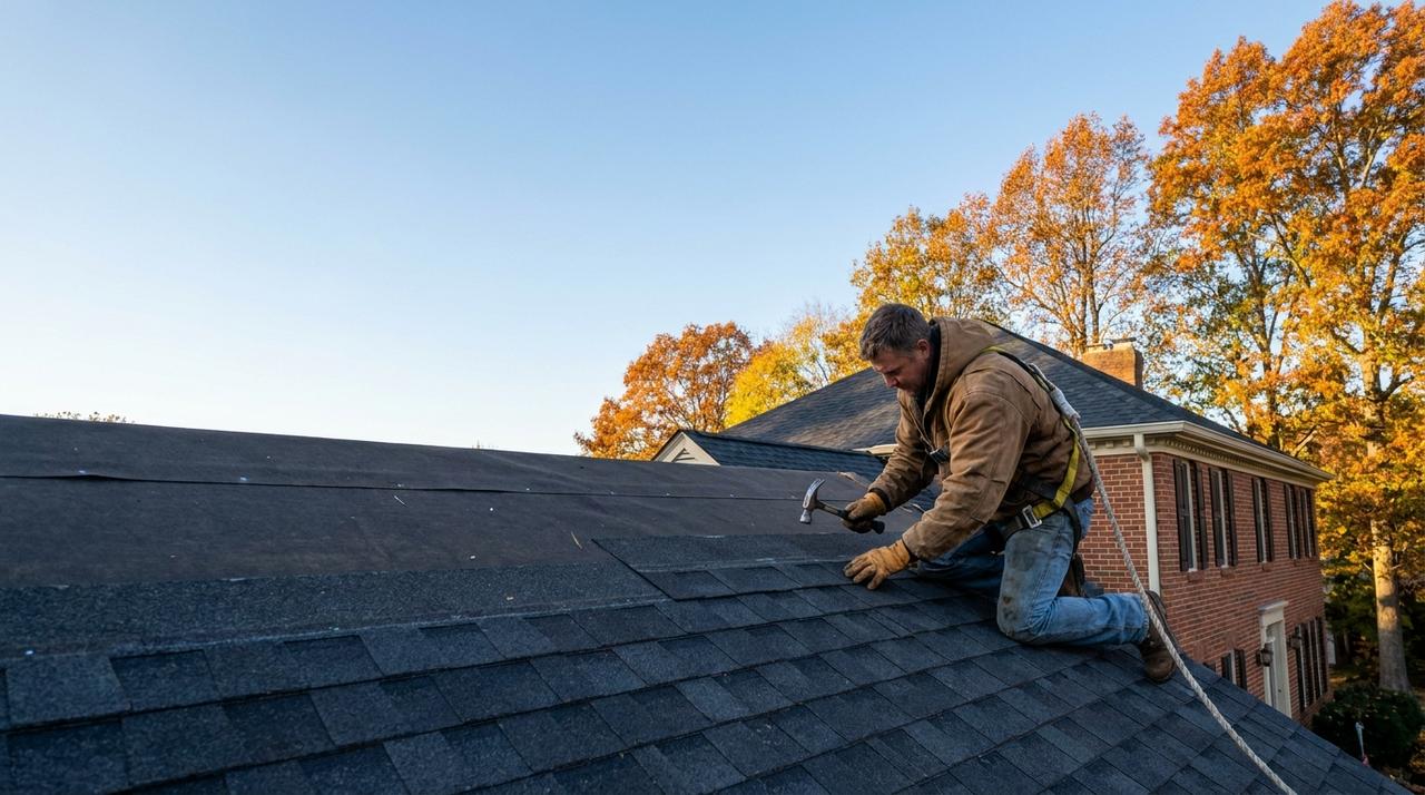 A roofer in a harness fits new dark asphalt shingles on a red brick colonial house in autumn, with orange trees behind
