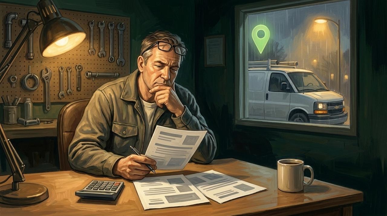 Painted illustration of a trades business owner at a wooden desk late in the evening, chin on hand, reading one of three paper proposals beside a calculator and a coffee mug, with a pegboard of tools behind him and a white work van under a streetlight outside the window