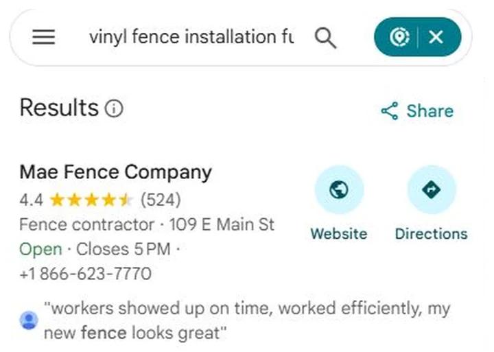 Google Maps results for vinyl fence installation Fulton with Mae Fence Company at position 1