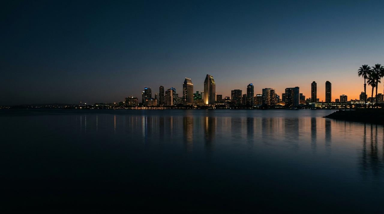 Downtown San Diego skyline at dusk across San Diego Bay