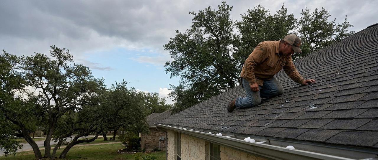 A roofer kneeling on a limestone ranch house roof, checking shingles for hail damage, with hailstones in the gutter and live oaks behind