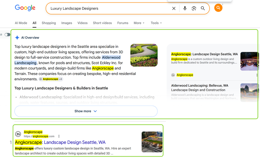 Google AI Overview for luxury landscape designers naming Angkorscape, with Angkorscape ranked first in the results below