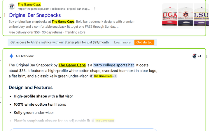 Google results for original bar snapbacks with The Game Caps in position 1 and named in the AI Overview below it