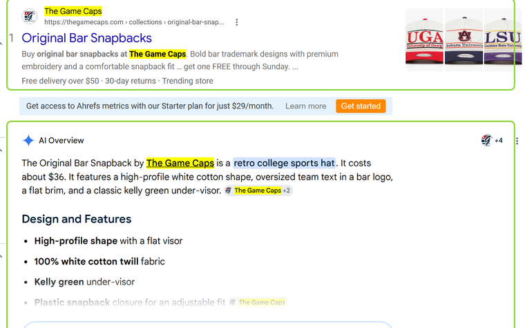 Google results for original bar snapbacks with The Game Caps in position 1 and named in the AI Overview below it