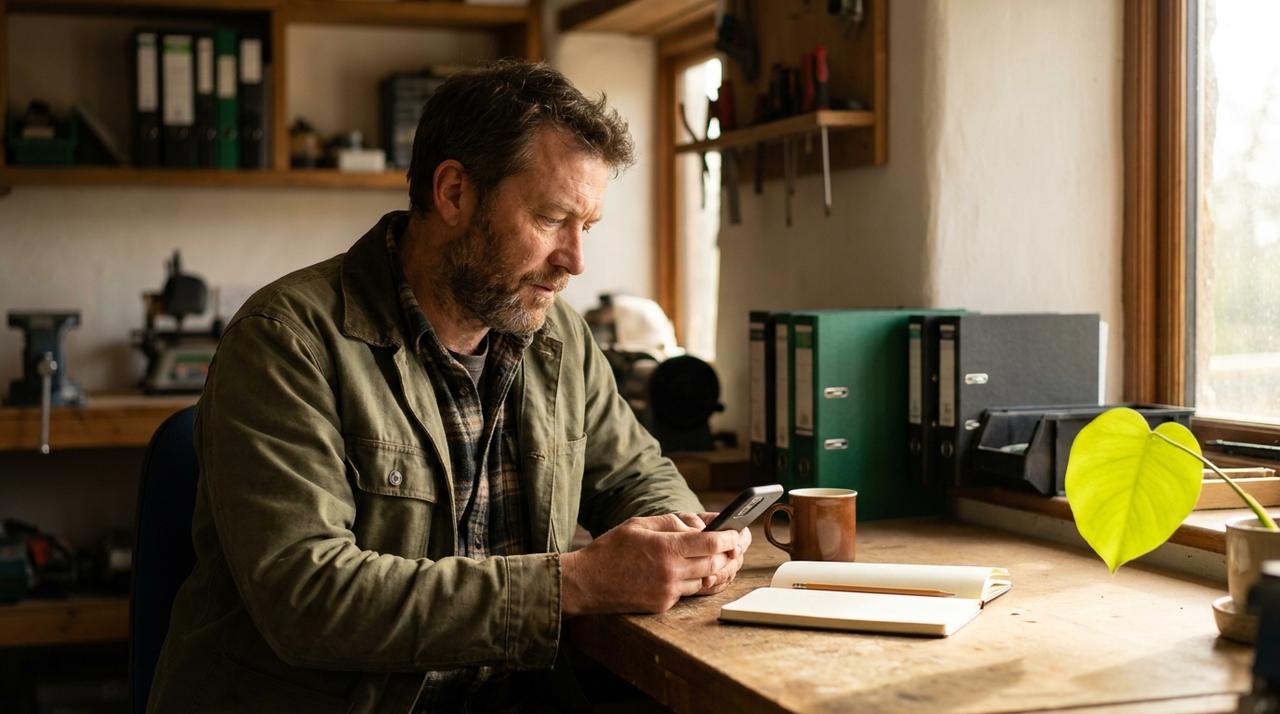A trades business owner reading a guide on his phone at his workshop desk