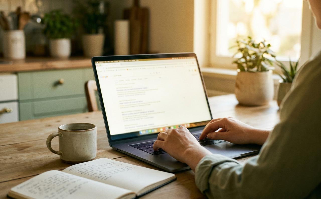 Business owner typing a search into Google on a laptop at a kitchen table