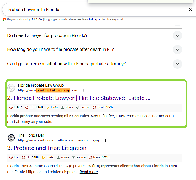 Google result showing Florida Probate Law Group second for probate lawyers in Florida
