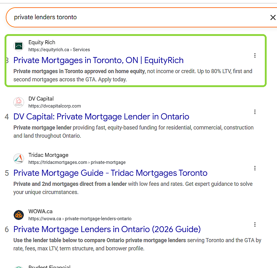 Google result showing EquityRich third for private lenders Toronto