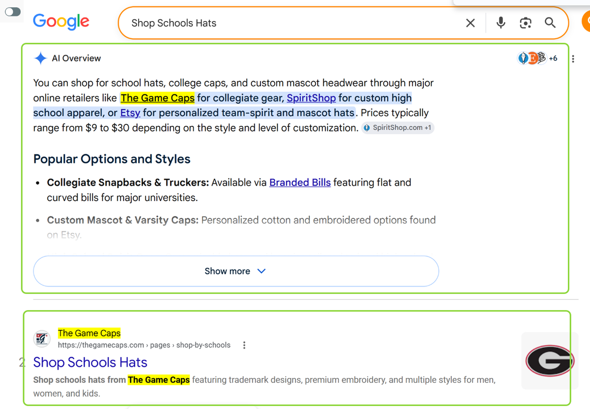 Shop Schools Hats: named first in the AI Overview, and #2 below it