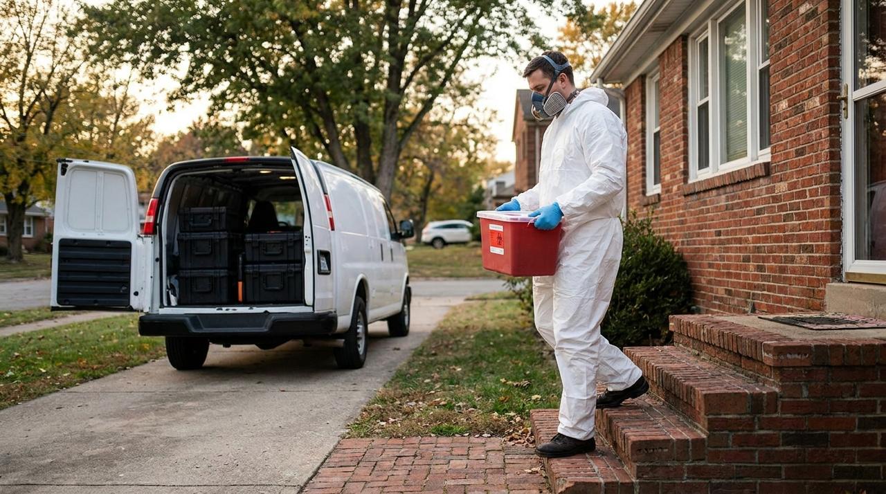 A biohazard cleanup technician in a white protective suit carries a sealed container from a brick house to an open service van in Louisville