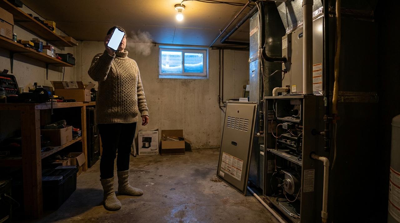 A homeowner in a thick sweater and wool socks stands in a cold basement at night beside a furnace with its panel off, holding up a phone