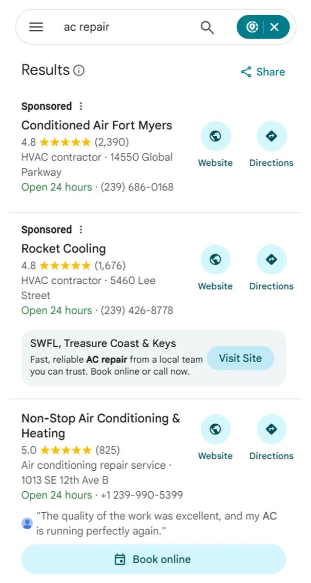 Google Maps results for AC repair with Non-Stop Air Conditioning & Heating at position 1