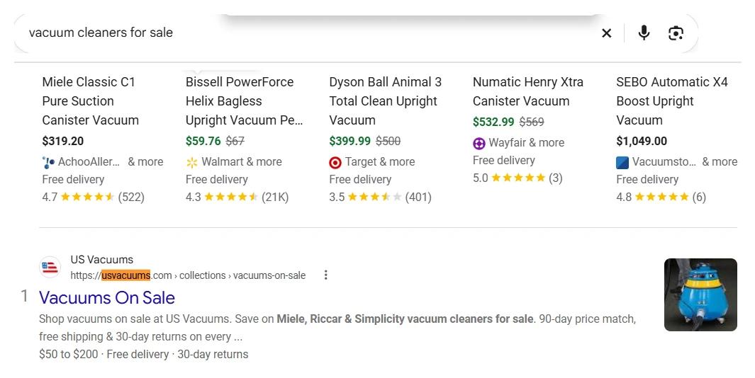 US Vacuums first unpaid result for vacuum cleaners for sale, below the shopping row.