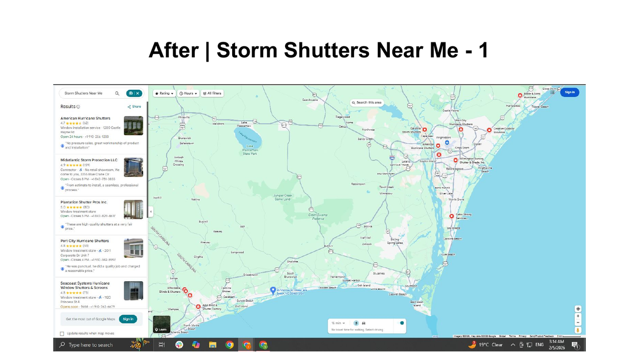 Google Maps search for storm shutters near me from Ocean Isle Beach with American Hurricane Shutters first