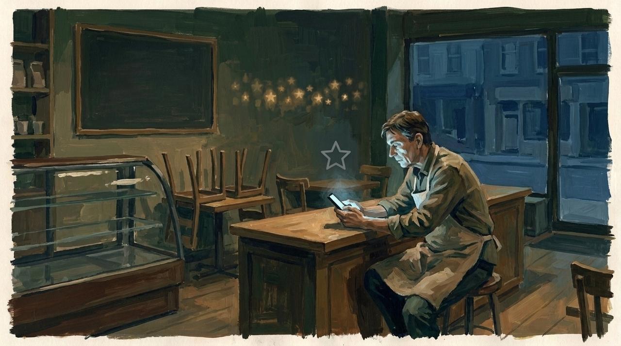 Painting of a bakery owner sitting alone after closing, reading a phone, with one hollow grey star above it and many small gold stars glowing behind