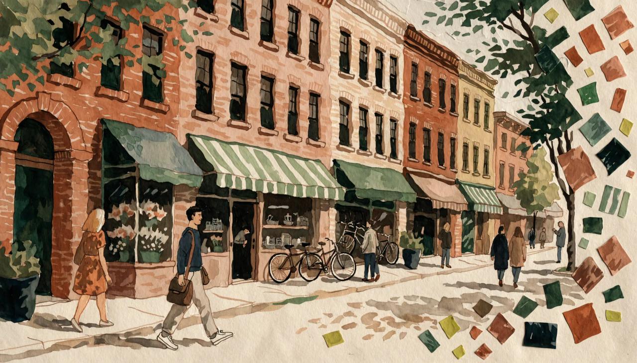 Illustrated neighbourhood with independent shops and people walking between them.