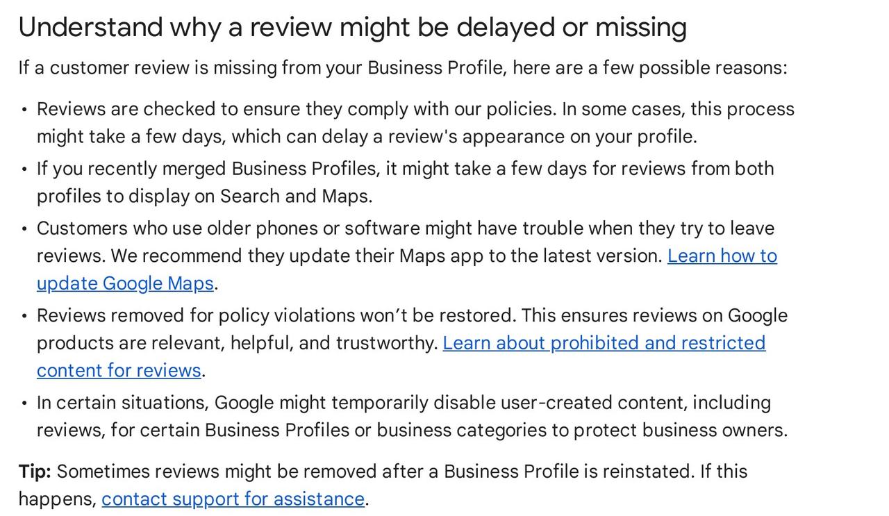 Google Business Profile Help page listing why a review might be delayed or missing, including that reviews removed for policy violations will not be restored