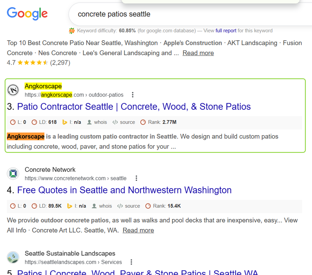 Google result showing Angkorscape third for concrete patios Seattle