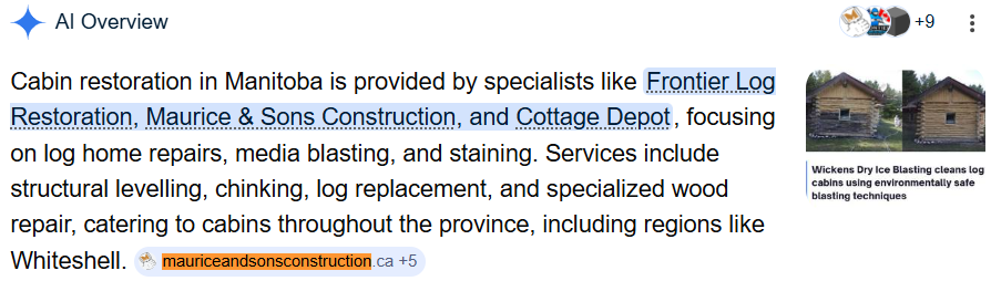 Google AI answer for cabin restoration Manitoba: Maurice & Sons Construction