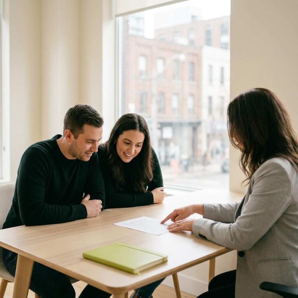 A mortgage broker in a grey blazer walks a smiling couple through a document at a table by a big city window