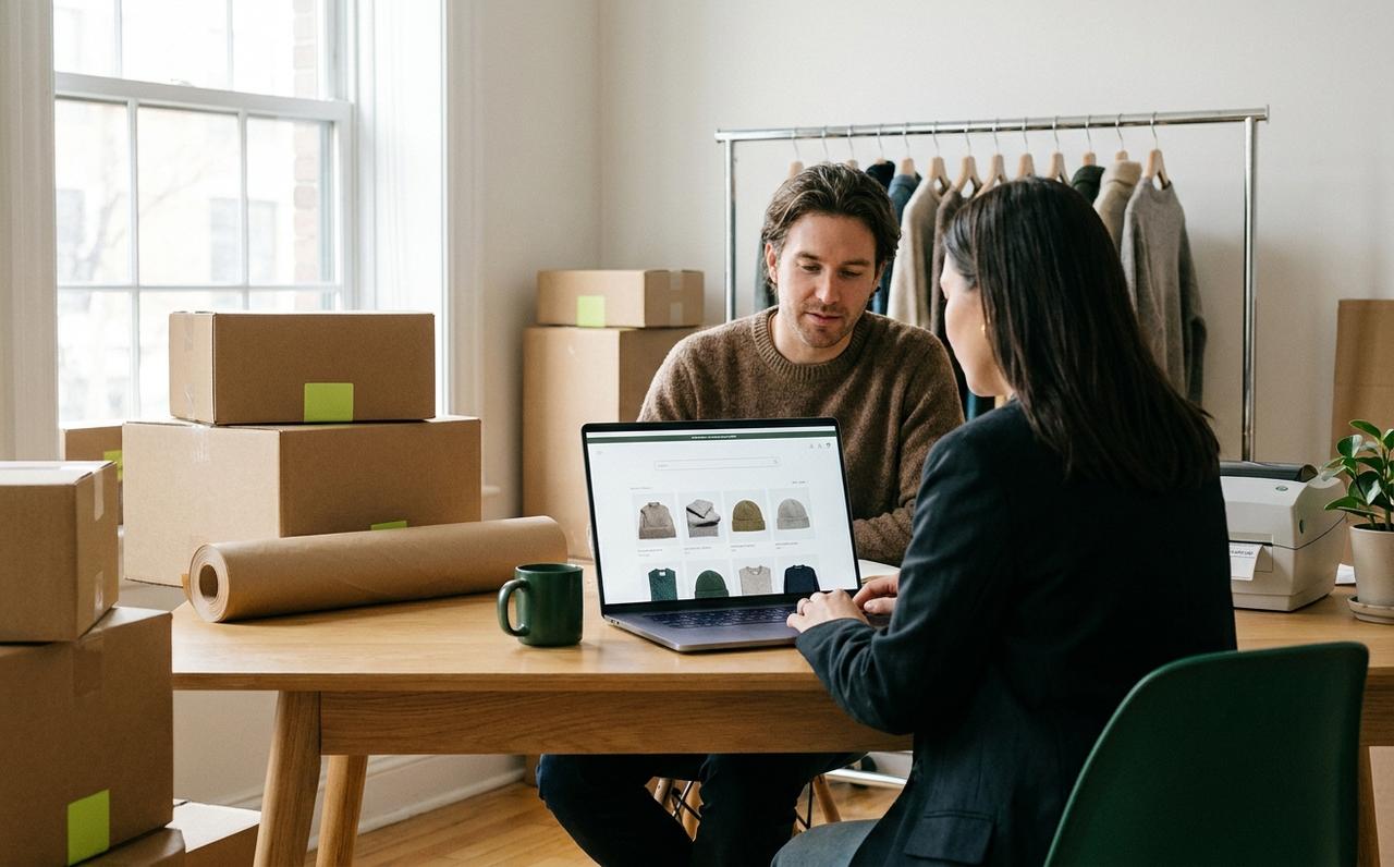 A store owner and an SEO strategist review a Shopify collection page of knitwear and caps in a studio full of shipping boxes
