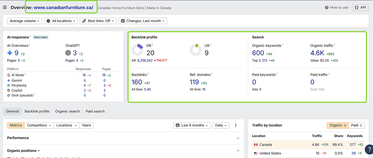 Ahrefs overview for canadianfurniture.ca showing DR 20, 119 referring domains and organic traffic of 4.6K