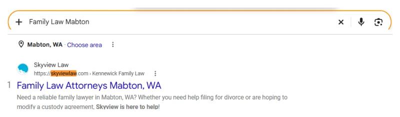 Google result 1: Skyview Law for Family law Mabton