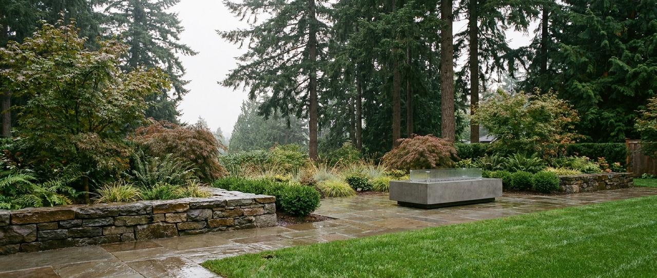 A finished luxury backyard in the Pacific Northwest: wet stone patio, dry-stacked stone walls, a concrete fire table, Japanese maples and tall firs