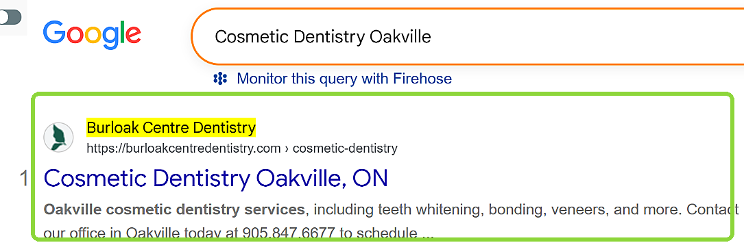 Google search for Cosmetic Dentistry Oakville: Burloak Centre Dentistry is result number 1