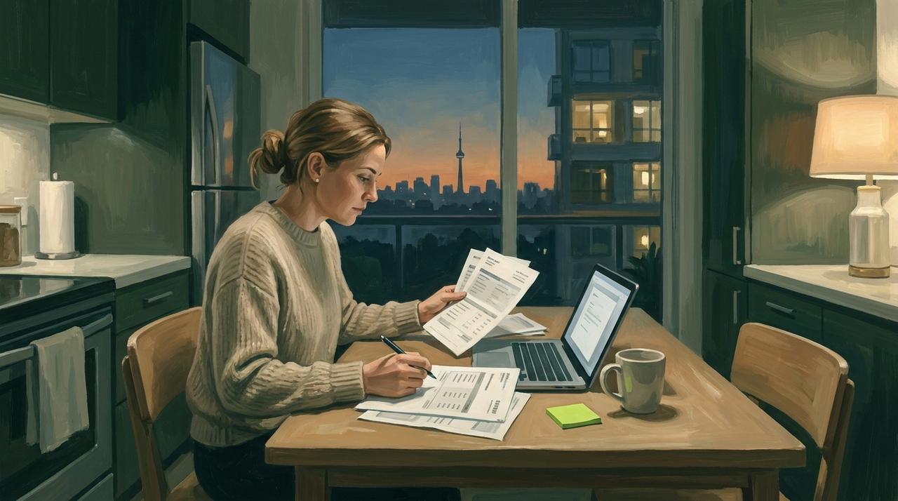 Painted illustration of a Toronto business owner at a kitchen table comparing SEO company proposals beside a laptop, the CN Tower at dusk through the window