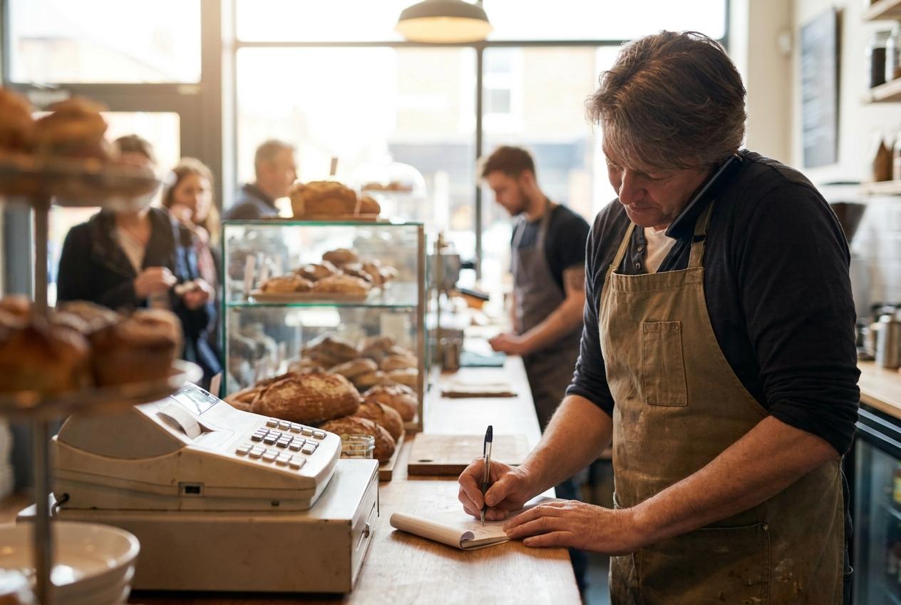 A bakery owner taking a phone order and writing it down at the counter
