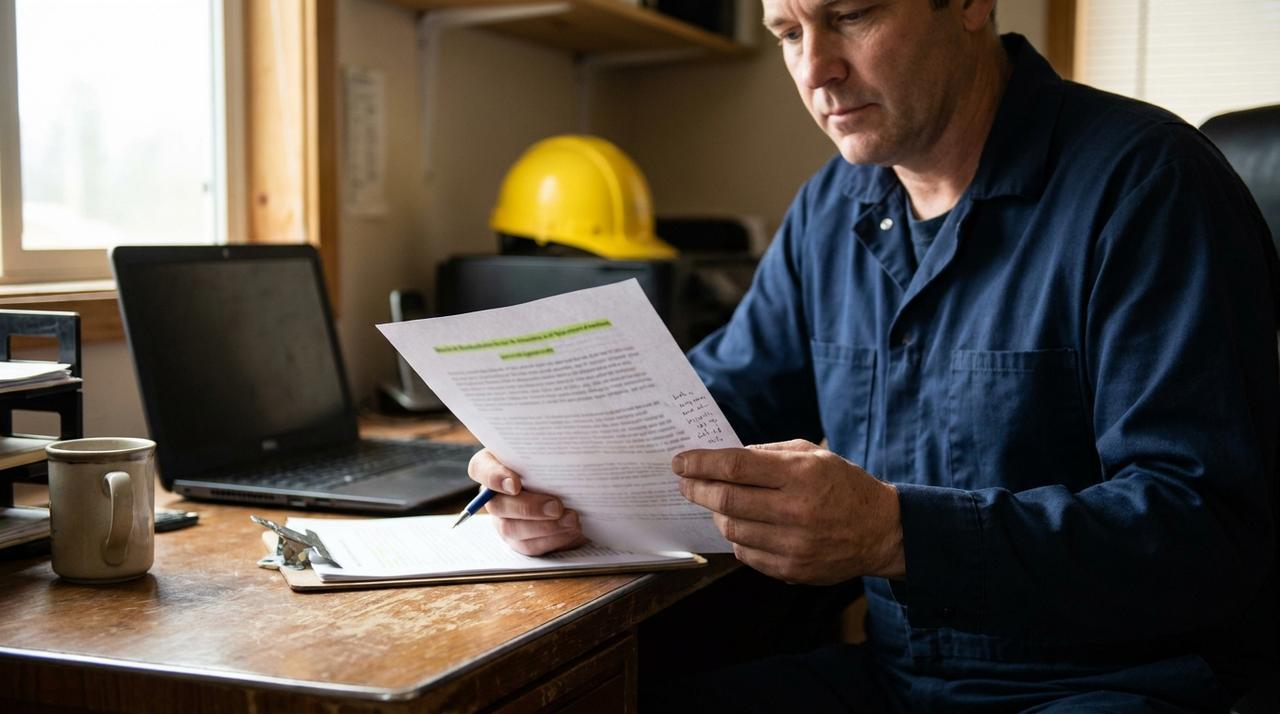 A roofing contractor at his office desk reading a printed draft of his roof repair page, the headline marked in green highlighter