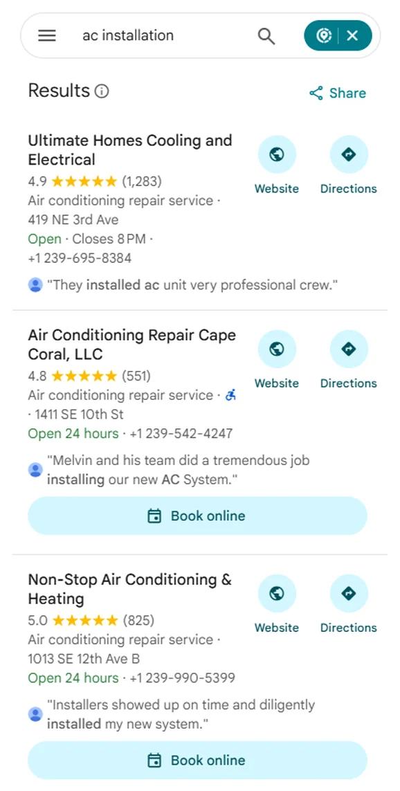 Google Maps results for AC installation with Non-Stop Air Conditioning & Heating at position 3